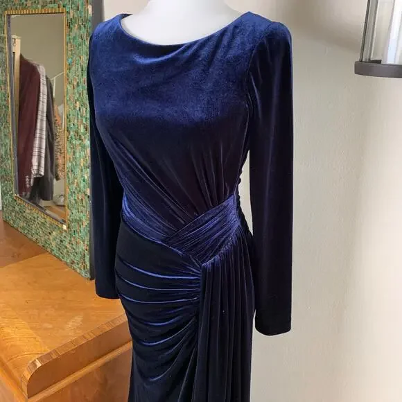 Vince Camuto Size 8 Maxi Dress Gown Midnight Blue Velvet Draped Formal Holiday - Picture 3 of 12